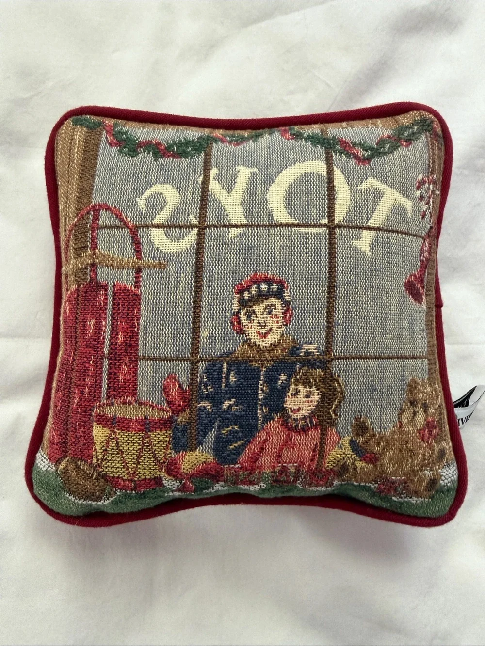 Holiday Tapestry Pillow with Red Trim - Festive Window Scene